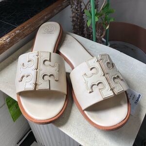 Tory Burch Ivory Leather Slide Mules with Logo Appliqué